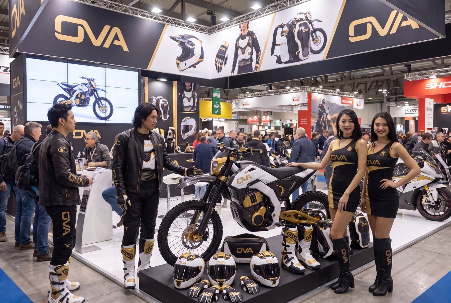 モーターサイクルショーのOVAブース、展示されたMXバイクとヘルメット、ブーツ、グローブ